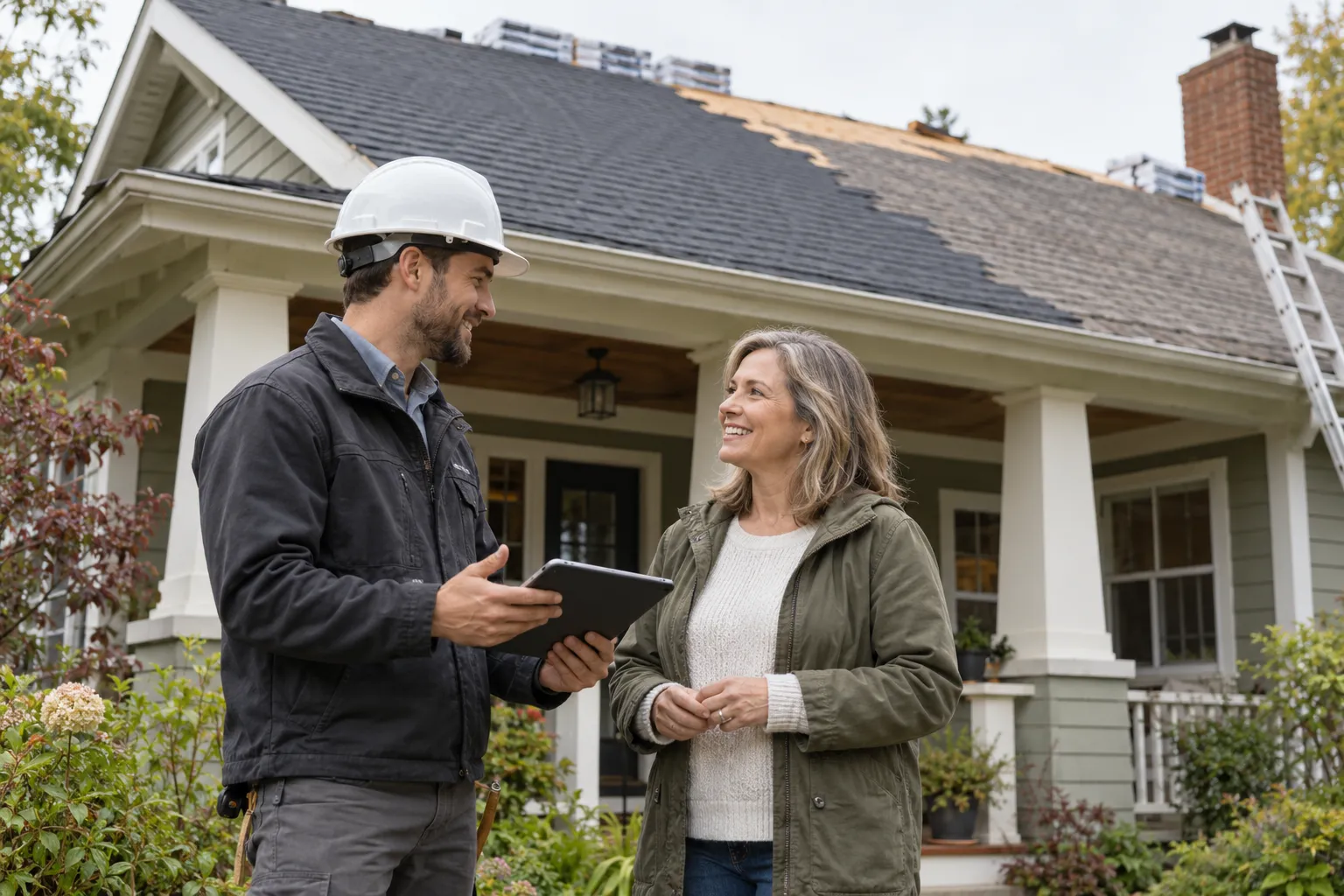 A roofing provider and a homeowner talking over a roof estimate in the St. Louis area